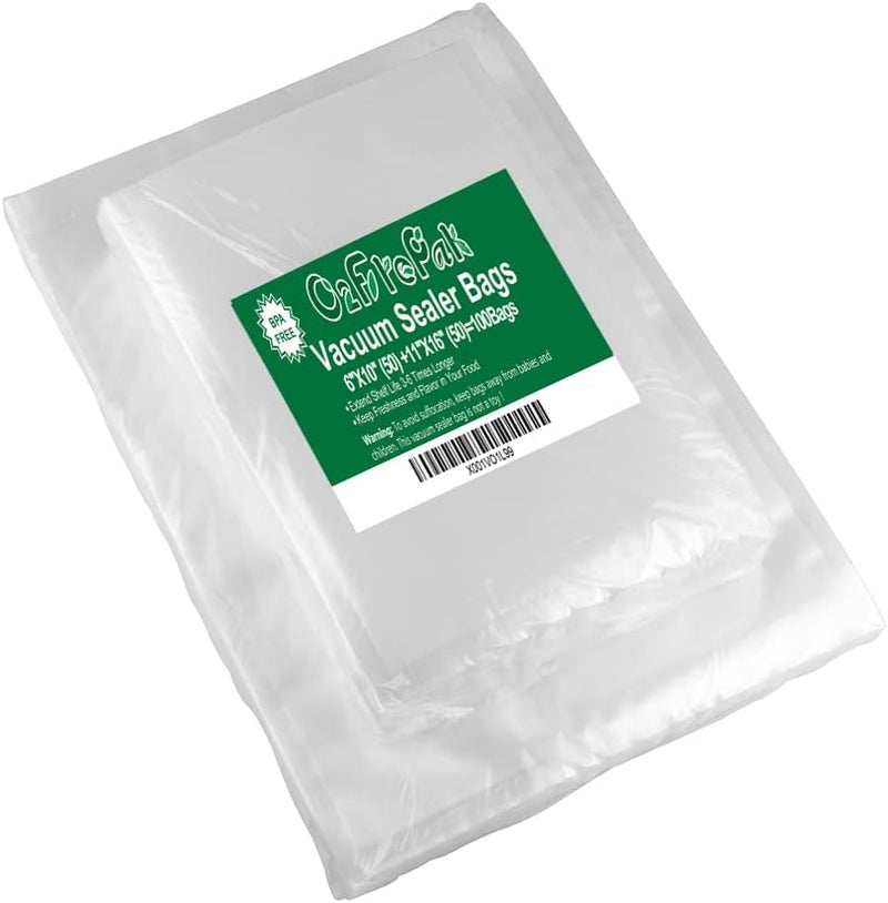 O2frepak 100 Count Vacuum Sealer Bags 50 of Each Size 50 Pint 6"X10"and 50 Gallon11"X16" BPA Free Sous Vide Seal a Meal Commercial Grade Vacuum Seal PreCut Combo Pack Bag - Image 1